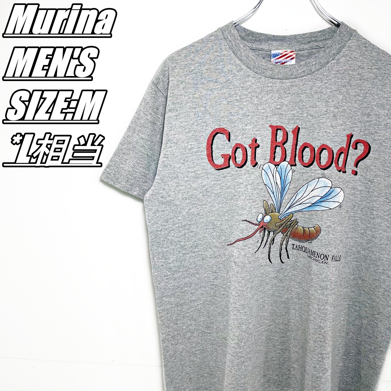 【US古着･00’s】Murina　ムリナ　Got Blood?　TAHQUAMENON FALLS　プリントTシャツ　メンズ　サイズ表記M　L相当　グレー