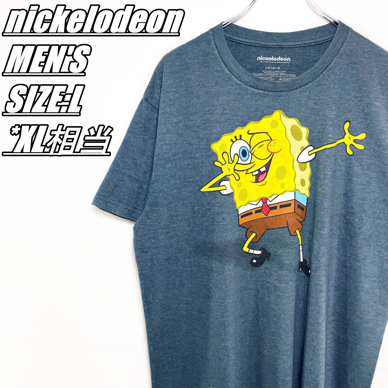 【US古着】nickeloden　スポンジボブ　プリントTシャツ　メンズ　サイズ表記L　XL相当　グレーネイビー系